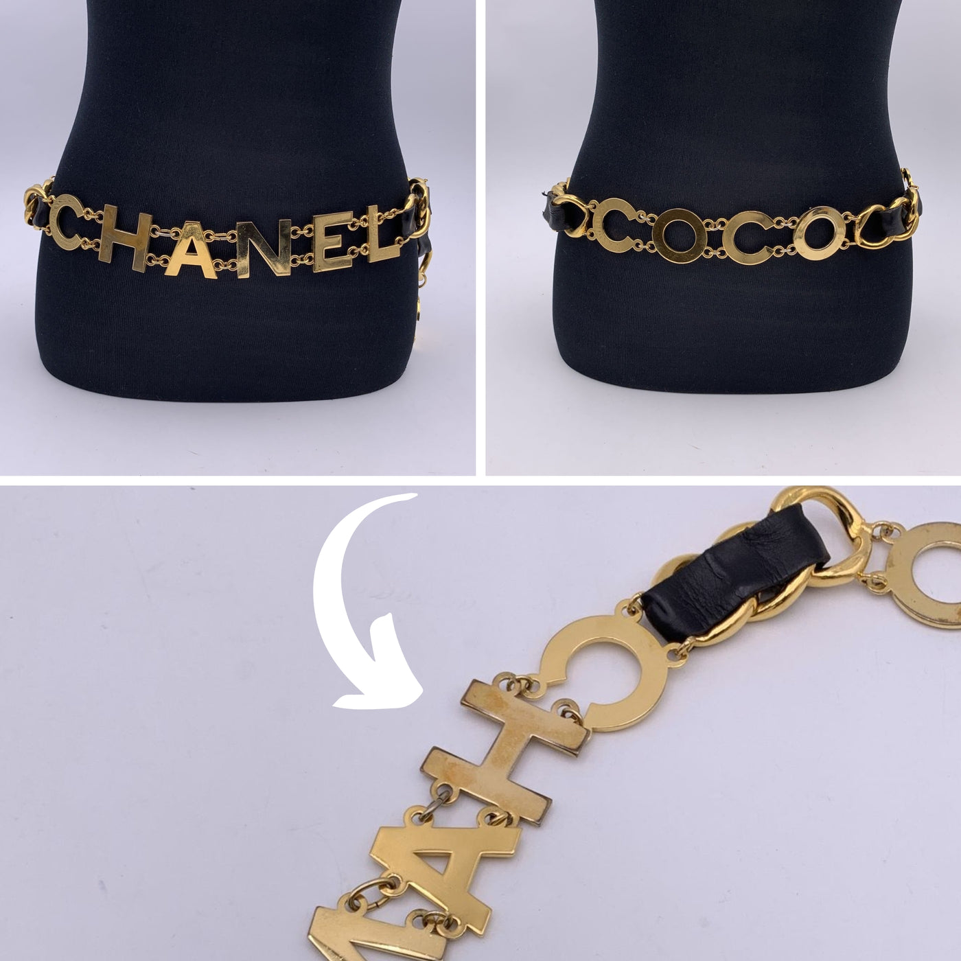 Chanel Rare Vintage Gold Metal Spell Out Coco Chanel Chain Belt