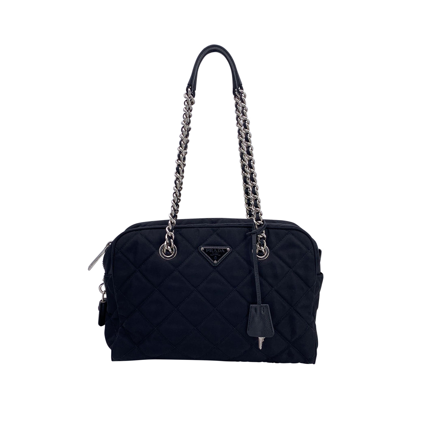 Prada Black Quilted Nylon Fabric Chain Bowling Shoulder Bag