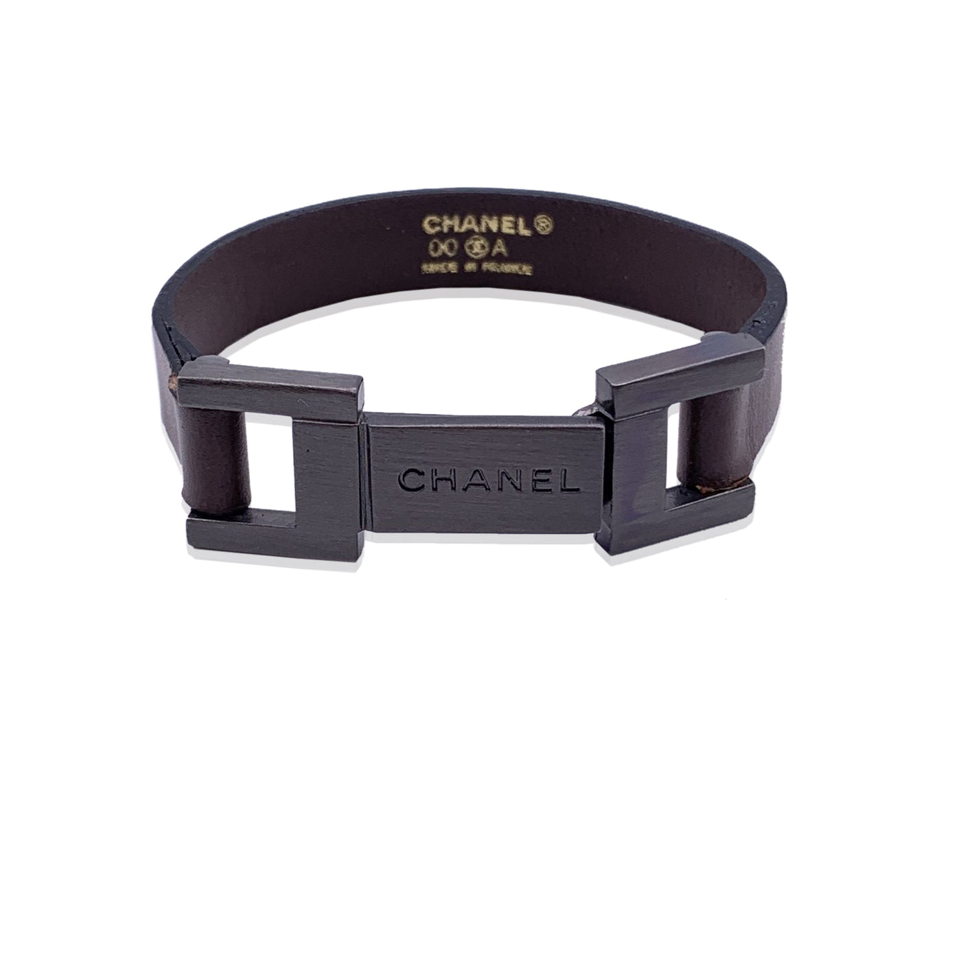 Chanel Vintage Brown Leather Unisex Logo Bracelet