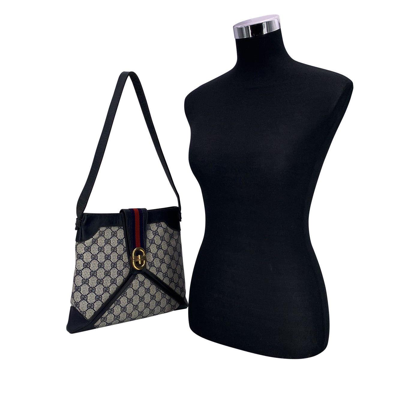 Gucci Vintage Blue Monogram Canvas Shoulder Bag with Stripes