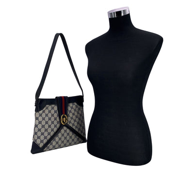 Gucci Vintage Blue Monogram Canvas Shoulder Bag with Stripes