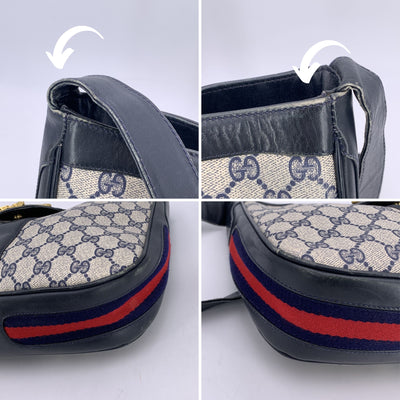 Gucci Vintage Navy Blue Monogram Canvas Shoulder Bag Tote