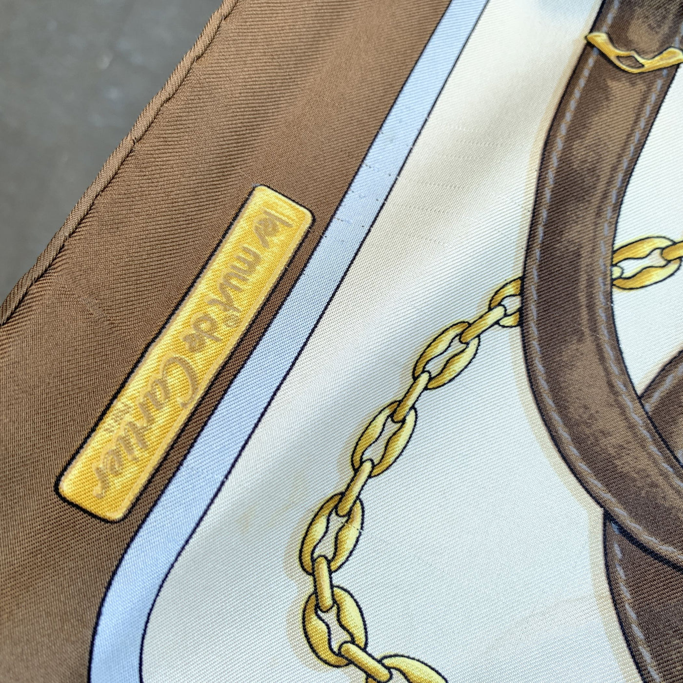 Must de Cartier White and Brown Border Equestrian Silk Scarf