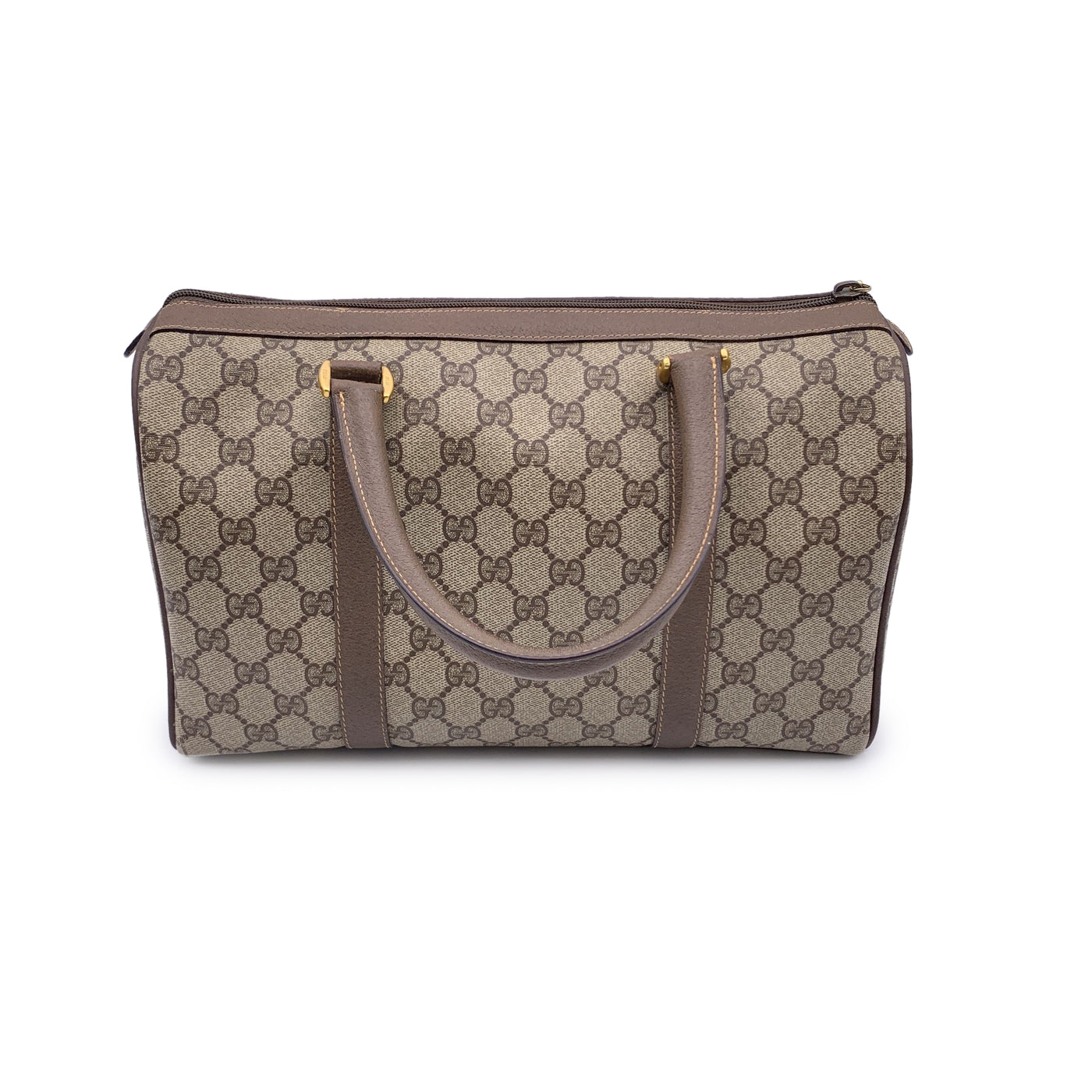 Gucci Vintage Beige Monogram Canvas Leather Web Boston Bag