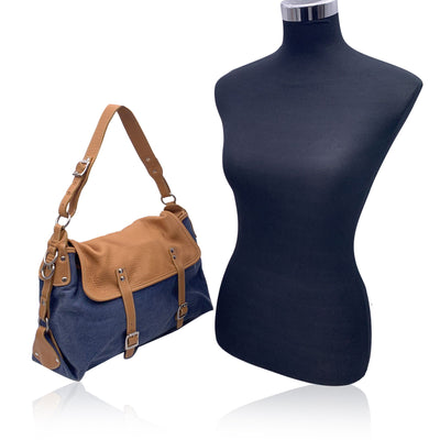 Hogan Blue Denim and Beige Leather Flap Shoulder Bag Tote