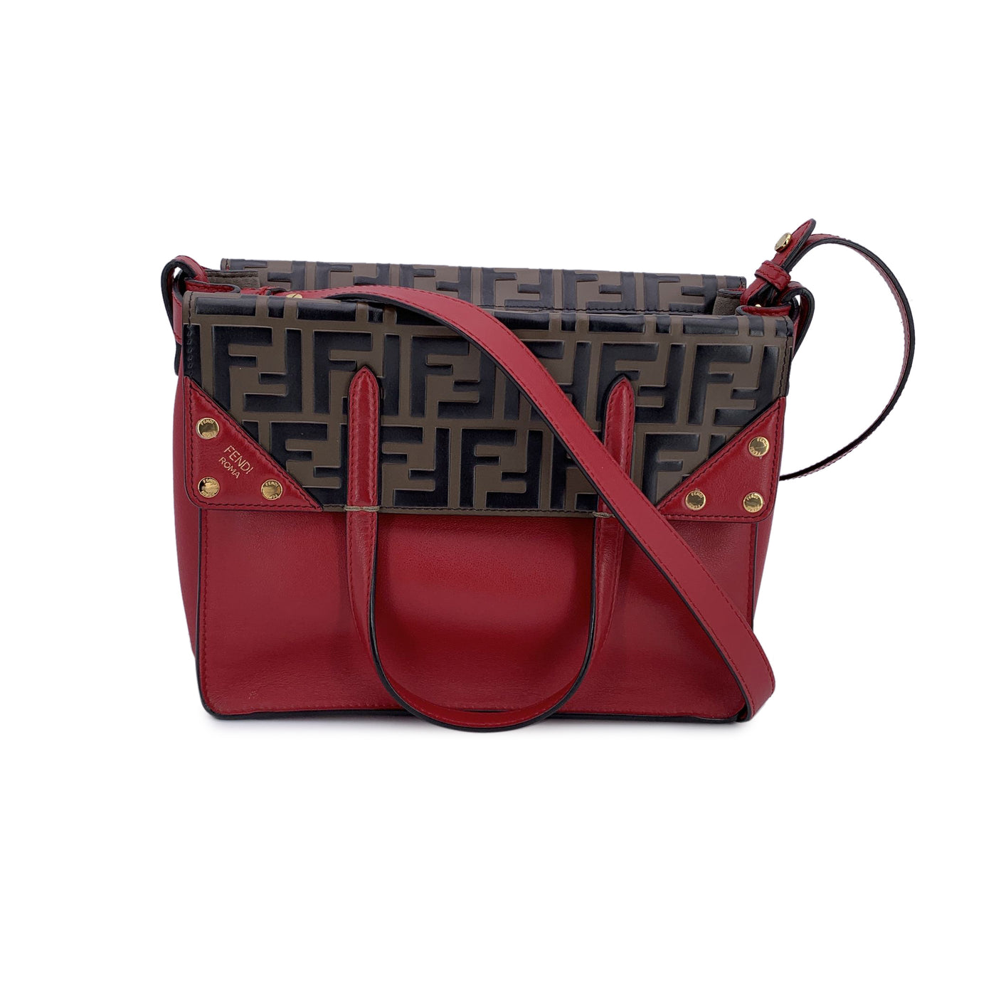 Fendi Red Bi Color FF Monogram Embossed Leather Flip Tote Bag