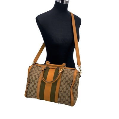 Gucci Beige Monogram Yellow Web Stripes Boston Bag with Strap
