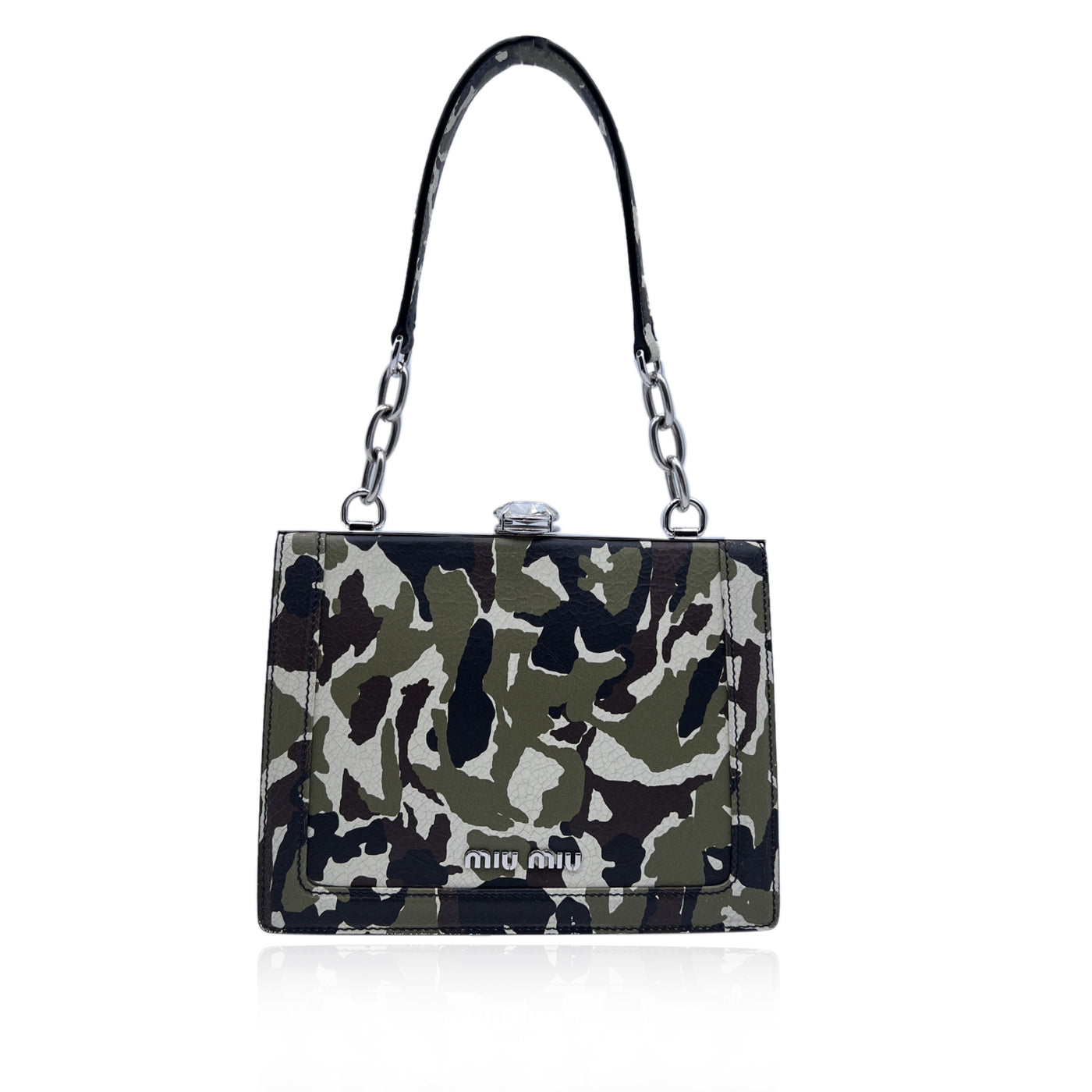 Miu Miu Military Green Camouflage Leather Handbag with Crystal