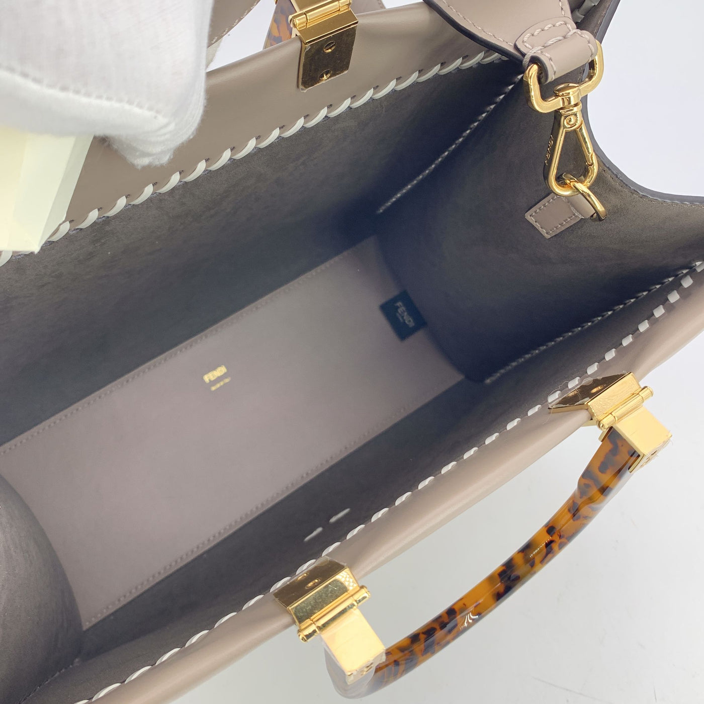 Fendi Taupe Leather Tote Bag Sunshine Medium Plexi Handle