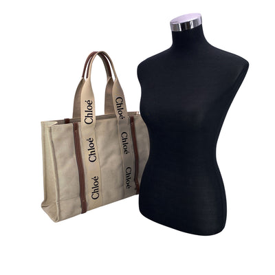 Chloe Beige Linen Canvas and Leather Large Woody Tote Bag