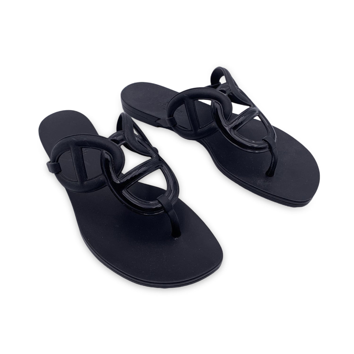 Hermes Paris Black Rubber Egerie Thong Sandals Shoes Size 36