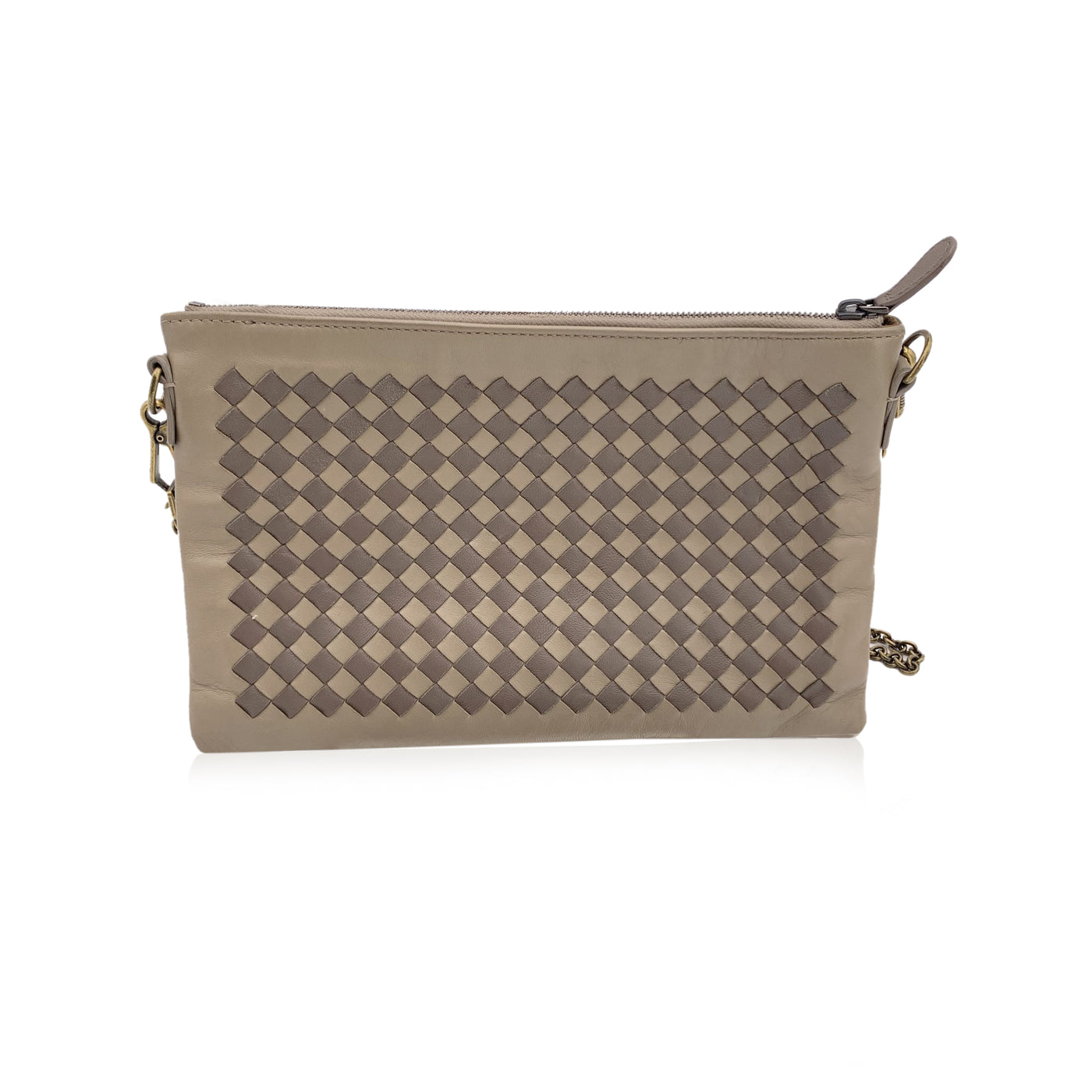 Bottega Veneta Taupe Intrecciato Leather Shoulder Bag Zip Pouch