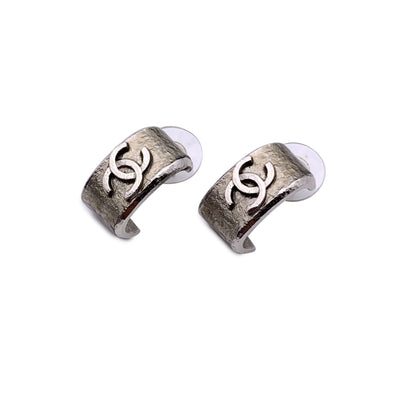 Chanel Silver Metal Semi Hoop CC Logo Earrings Piercing Ears