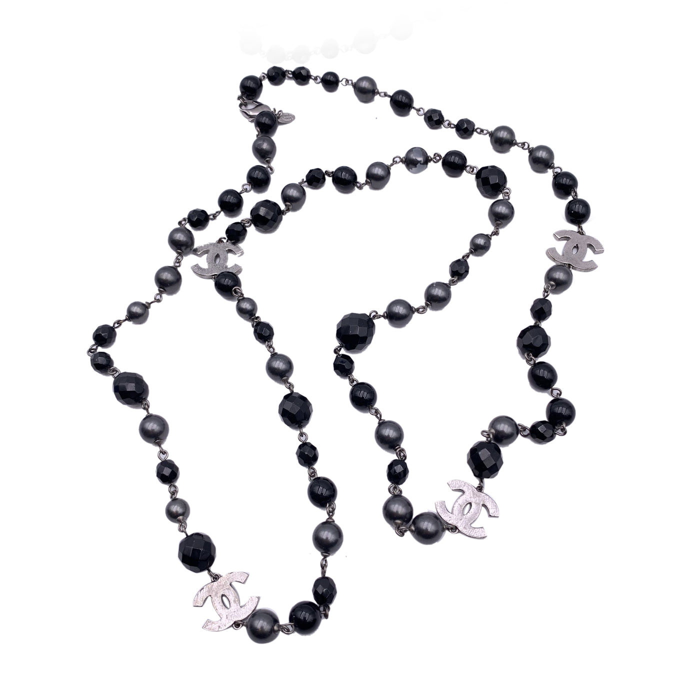 Chanel Gunmetal Long Necklace CC Logo Grey Pearls Black Beads