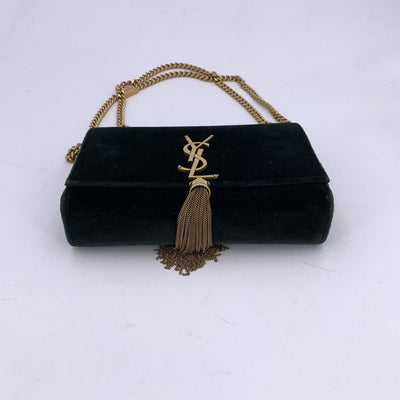 Saint Laurent Dark Green Velvet Logo Kate Tassel Clutch Shoulder Bag