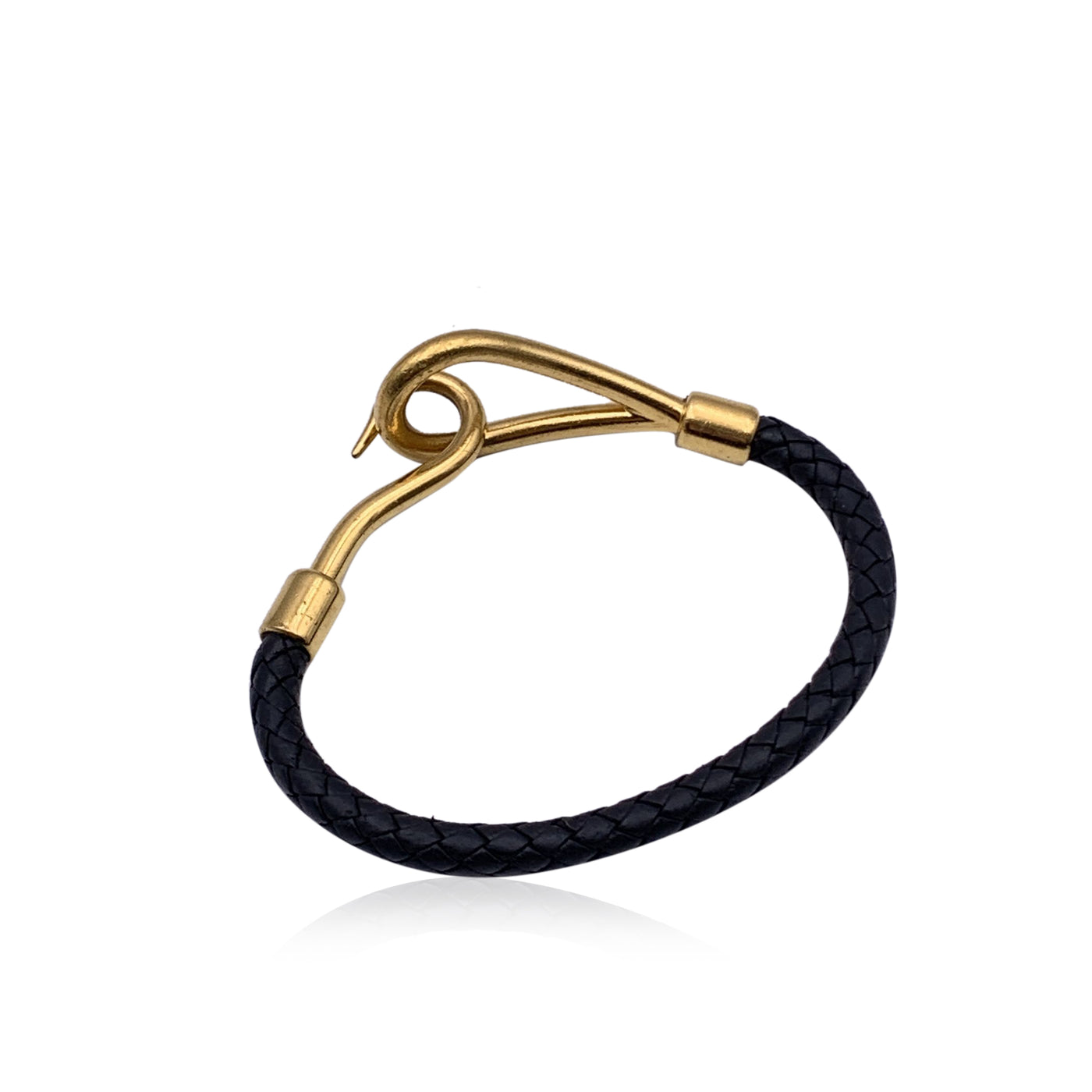 Hermes Black Woven Leather Gold Metal Jumbo Hook Bracelet