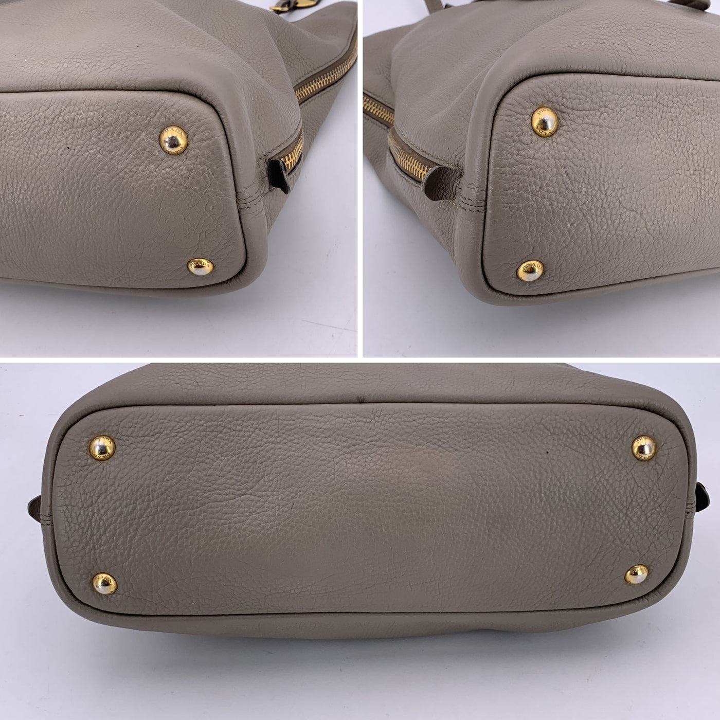 Prada Grey Taupe Leather Tote Satchel Shopping Bag
