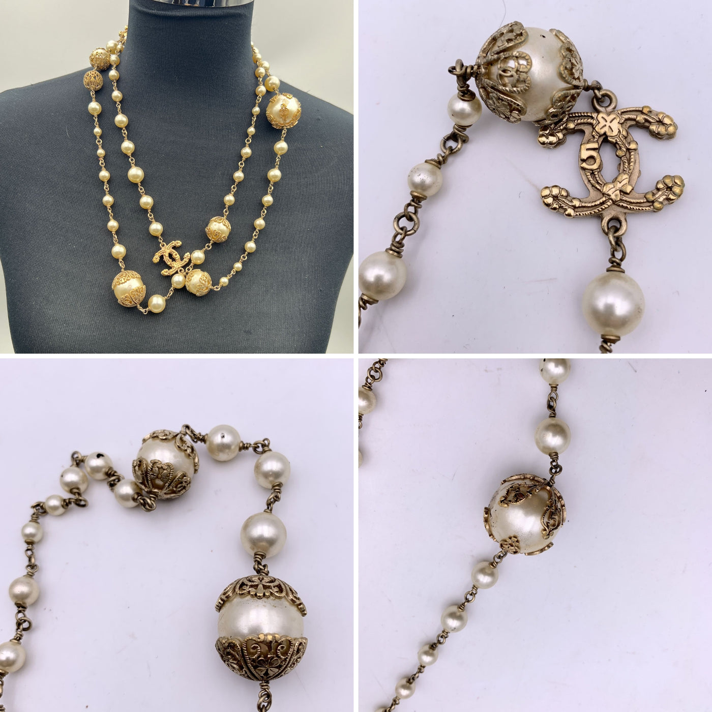 Chanel 06 Faux Pearls Gold Metal CC Logo Long Necklace