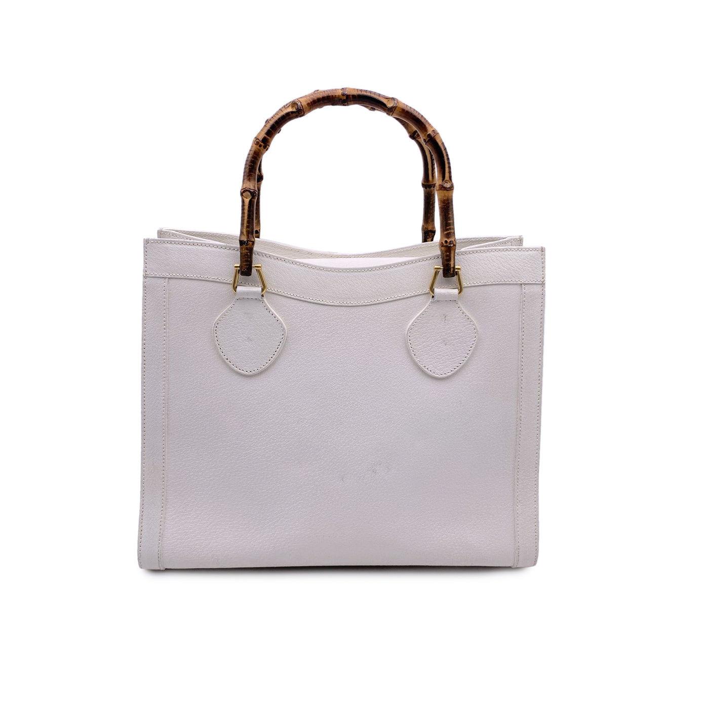 Gucci Vintage White Leather Bamboo Princess Diana Tote Bag