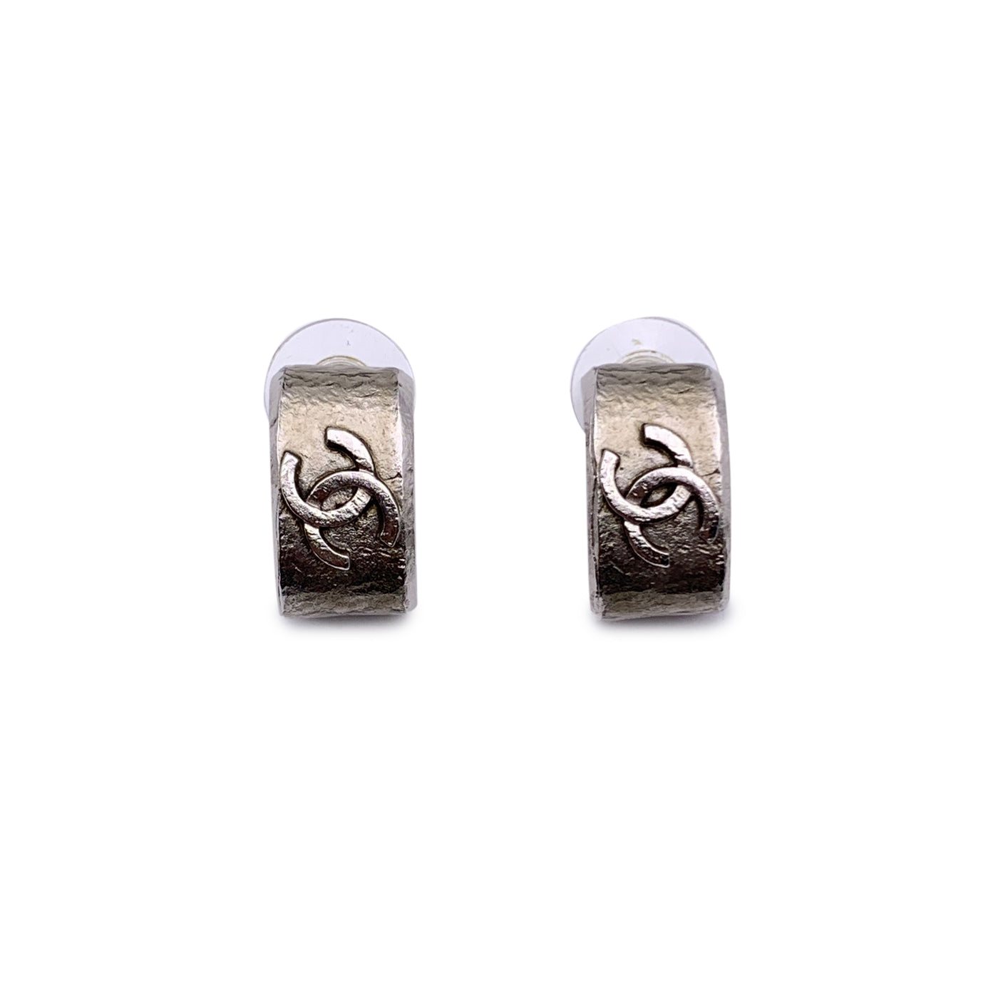 Chanel Silver Metal Semi Hoop CC Logo Earrings Piercing Ears