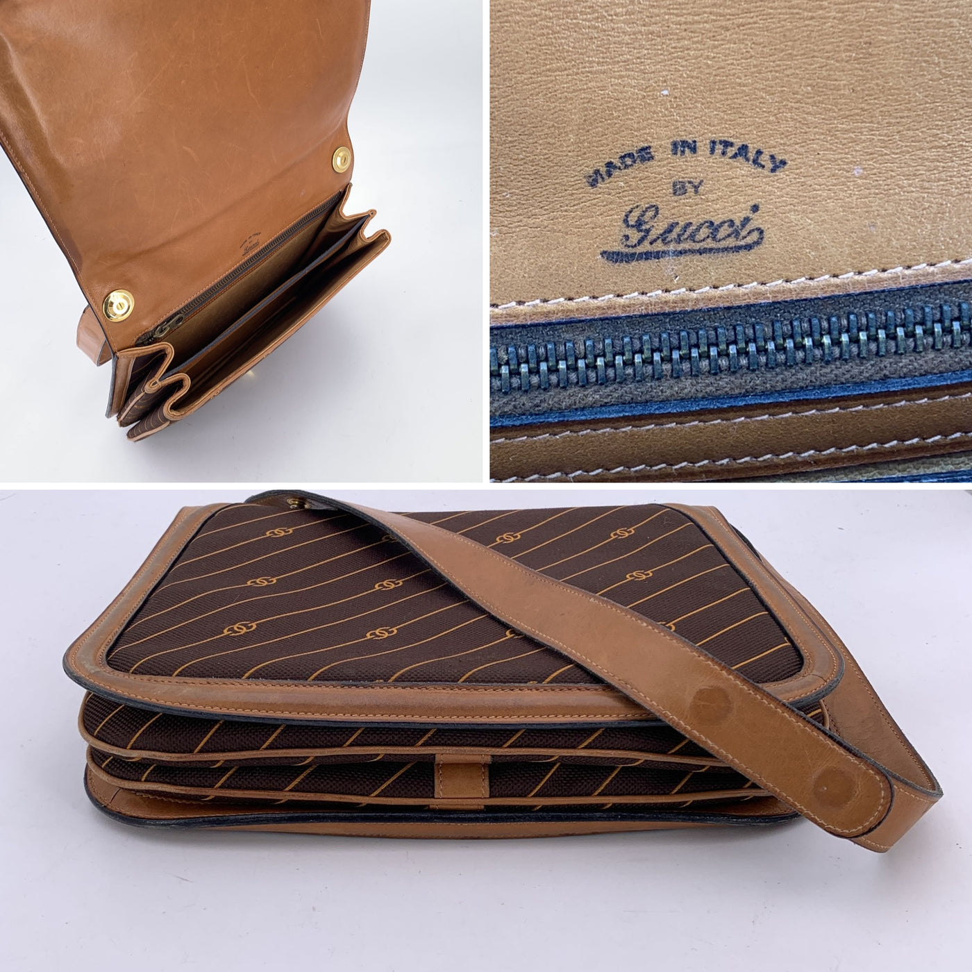 Gucci Vintage Brown Logo Canvas GG Shoulder Bag Tan Leather