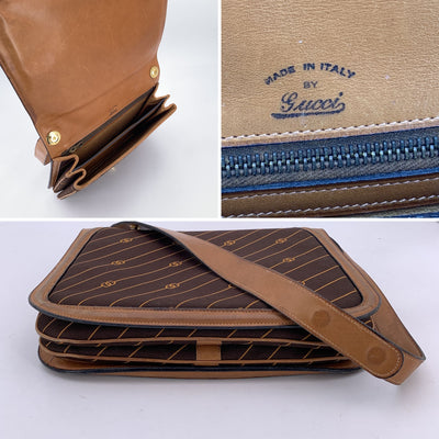 Gucci Vintage Brown Logo Canvas GG Shoulder Bag Tan Leather