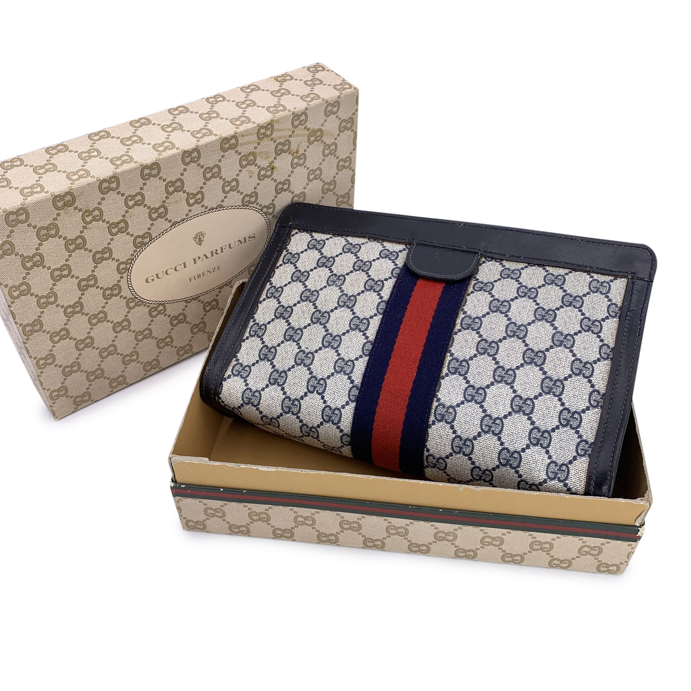 Gucci Vintage Blue Monogram Canvas Cosmetic Bag Clutch Stripes