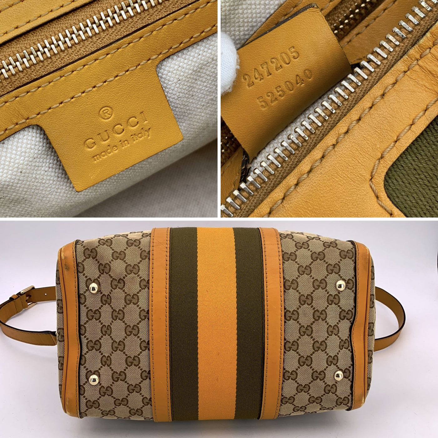 Gucci Beige Monogram Yellow Web Stripes Boston Bag with Strap