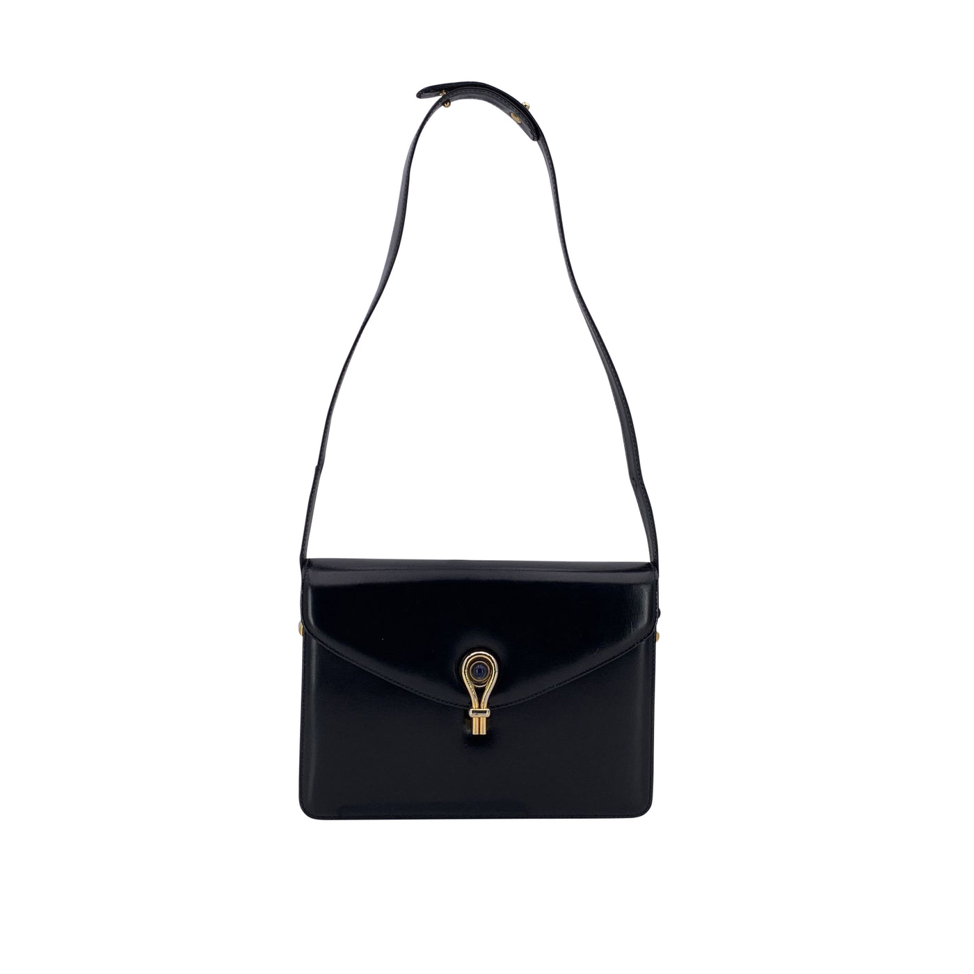 Gucci Vintage Black Leather Box Shoulder Bag with Lapis Closure