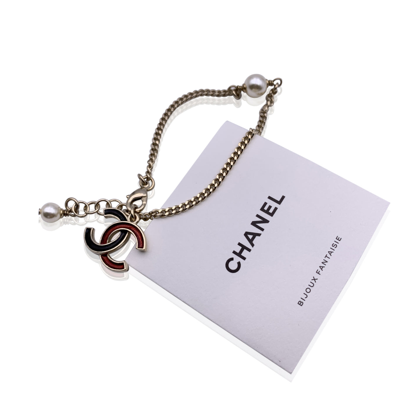 Chanel Light Gold Metal Black and Red Enamel CC Logo Chain Bracelet