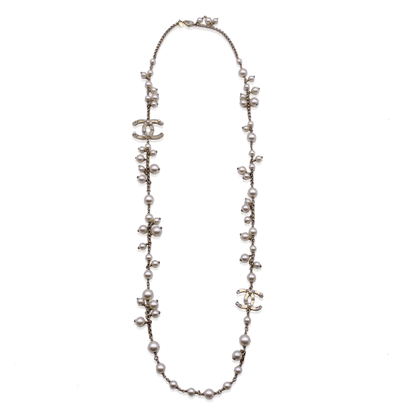 Chanel Light Gold Metal CC Logo Chain Long Necklace Pearls Beads