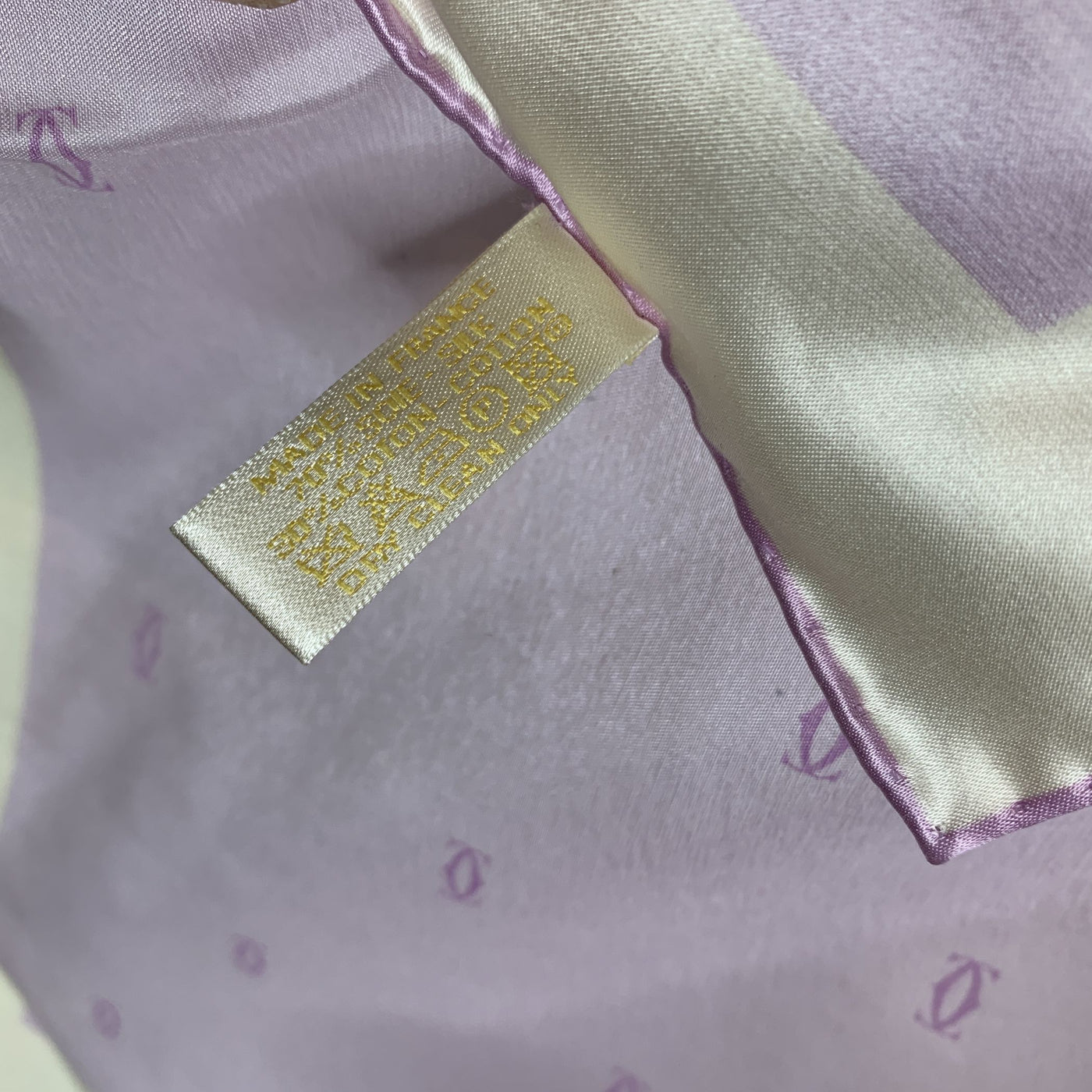 Cartier Vintage Lilac Yellow Logos and Leopard Silk Small Scarf