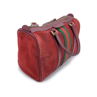 Gucci Vintage Burgundy Suede Web Stripes Boston Bag Handbag
