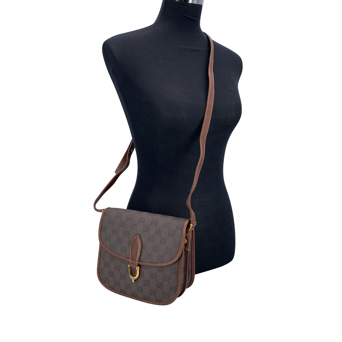 Gucci Vintage Brown Monogram Canvas and Leather Spur Shoulder Bag