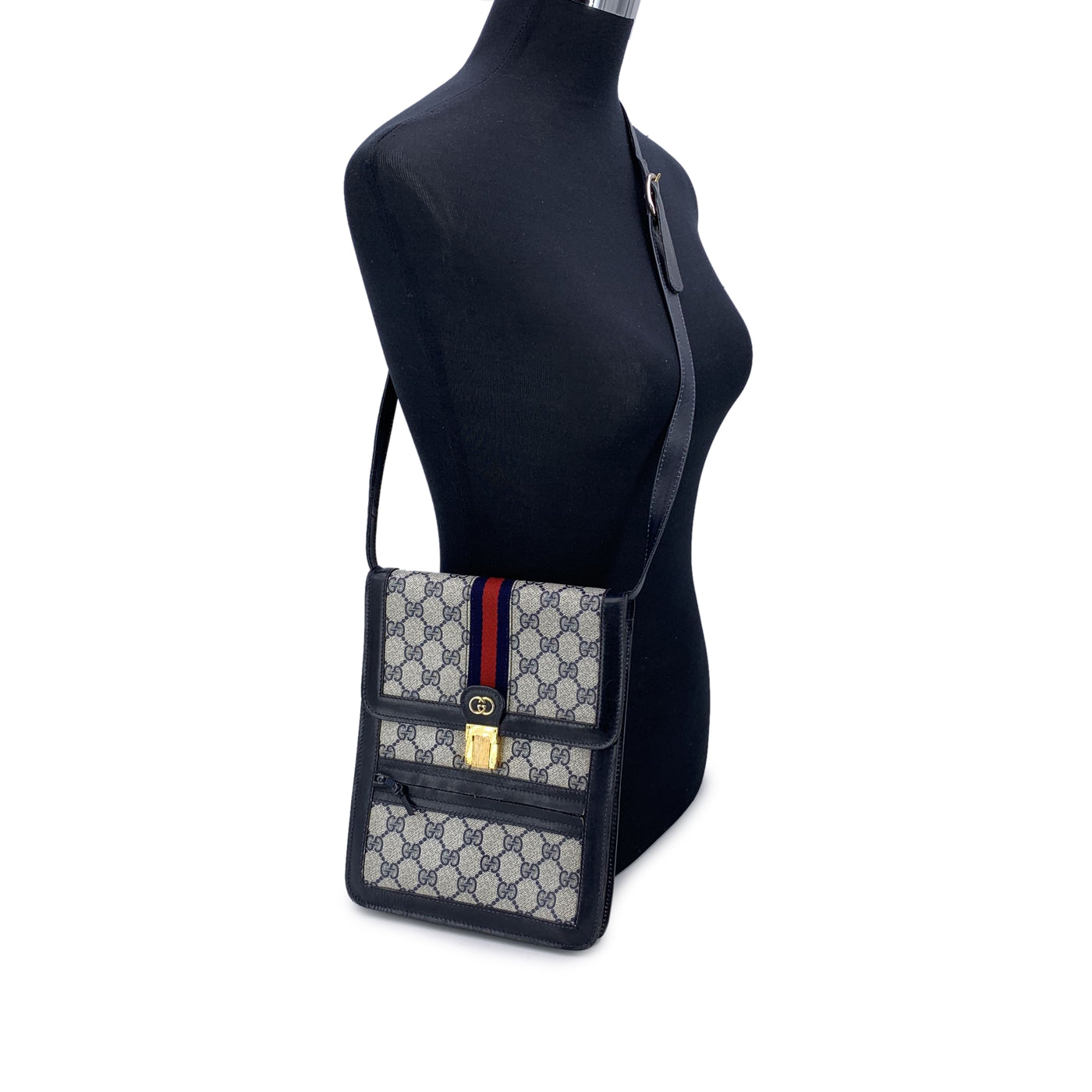 Gucci Vintage Blue Monogram Ophidia Stripes Vertical Crossbody Bag