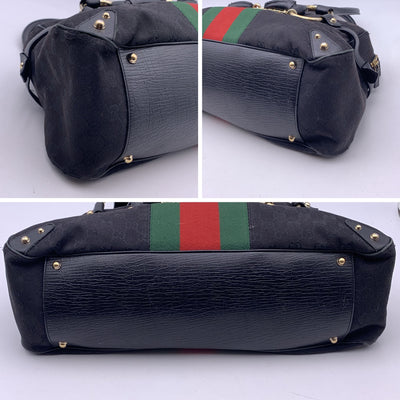 Gucci Black Monogram Canvas Striped Horsebit Satchel Bag