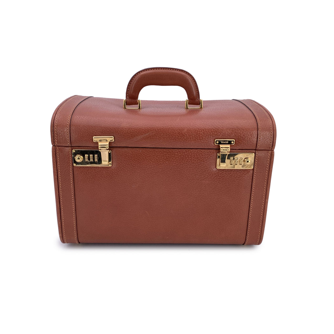 Gucci Vintage Brown Leather Train Case Beauty Travel Bag