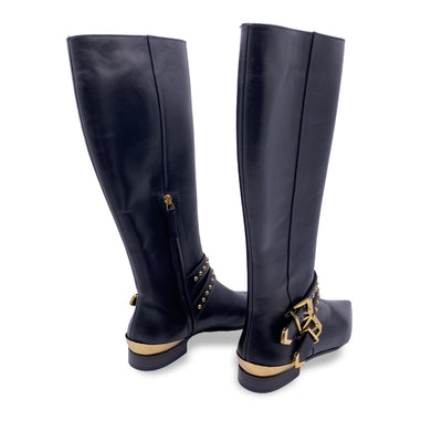 Versace Black Leather Riding Boots with Gold Metal Buckles Size 36