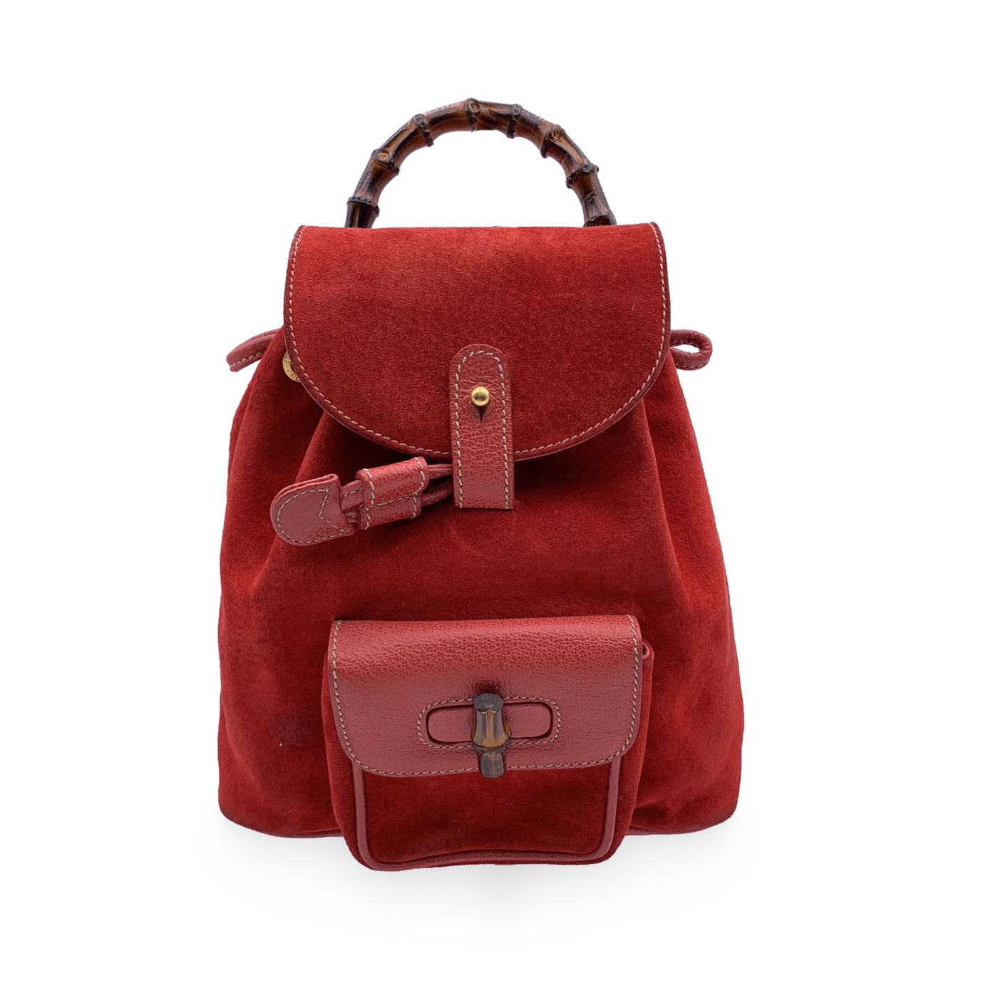 Gucci Vintage Red Suede Bamboo Small Backpack Shoulder Bag