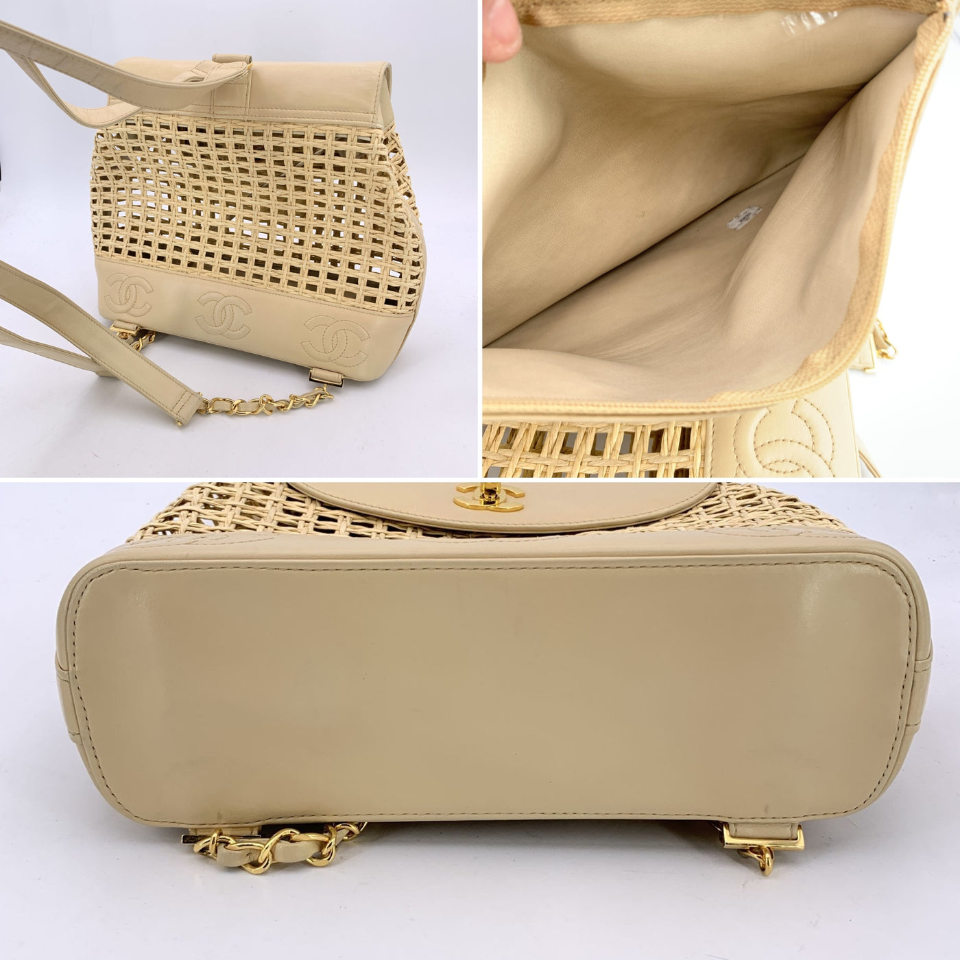 Chanel Vintage Beige Leather and Straw Backpack Shoulder Bag