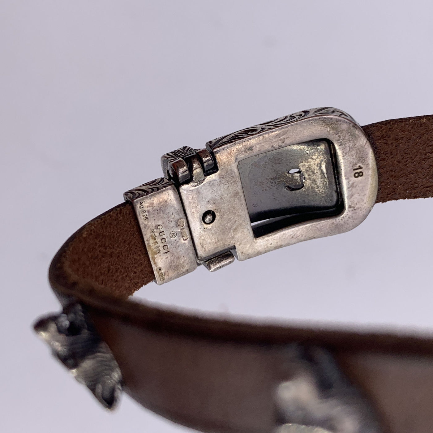 Gucci Brown Leather and Silver Bracelet Wolf Heads Studs Size 18