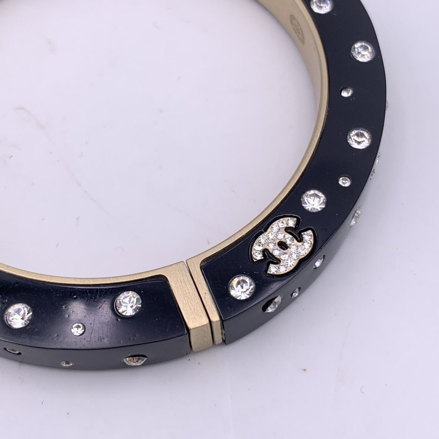 Chanel Black Resin Rhinestone Crystal CC Logo Cuff Bangle Bracelet