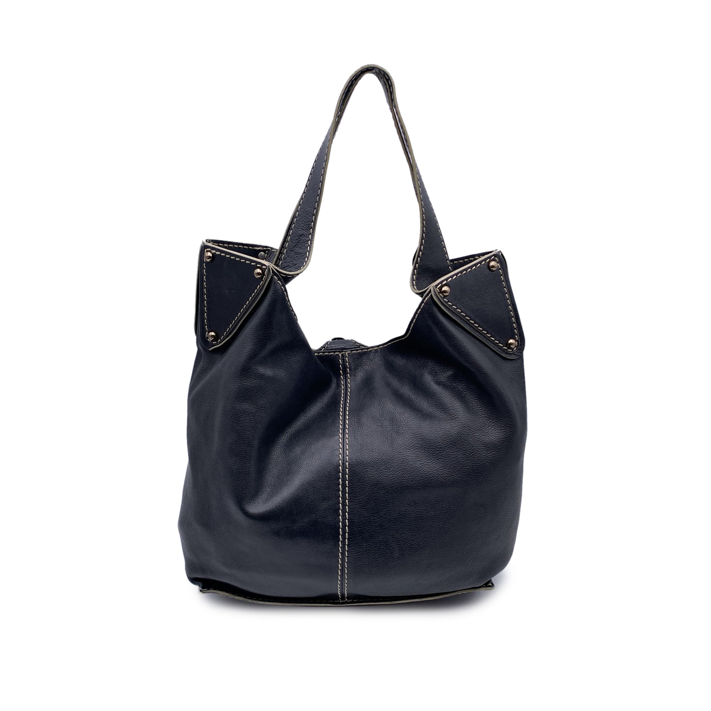 Fay Black Leather Carabiner Closure Tote Shoulder Bag