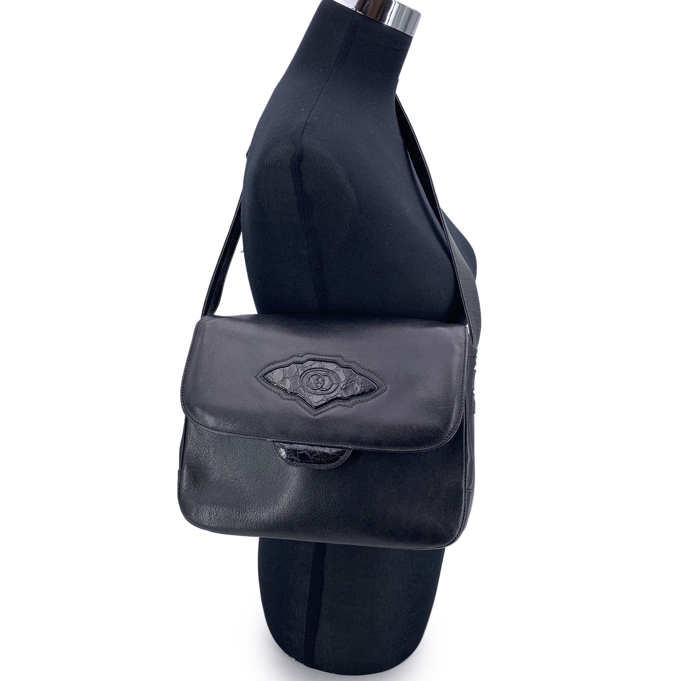 Gucci Vintage Black Leather Flap GG Logo Shoulder Bag