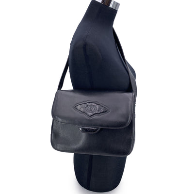 Gucci Vintage Black Leather Flap GG Logo Shoulder Bag
