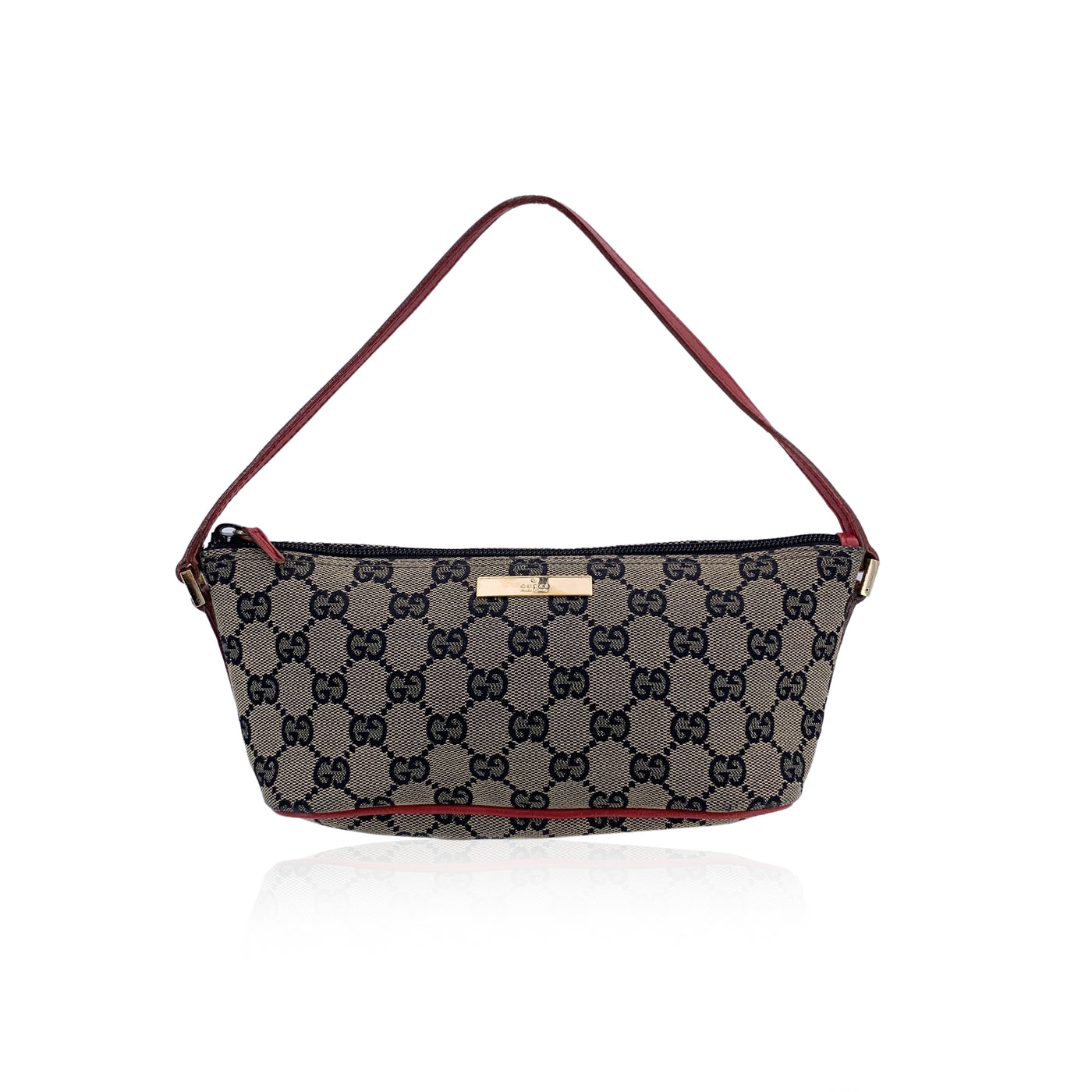 Gucci Beige Red Black Monogram Pochette Boat Shoulder Bag Handbag