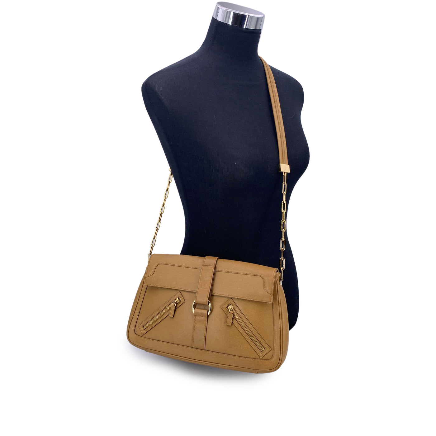 Gucci Beige Leather Zip Pockets Shoulder Bag