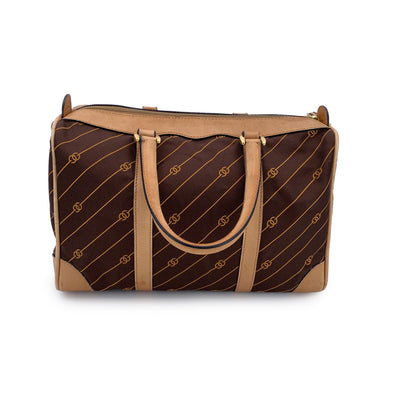 Gucci Vintage Brown Logo Canvas GG Tan Leather Boston Bag