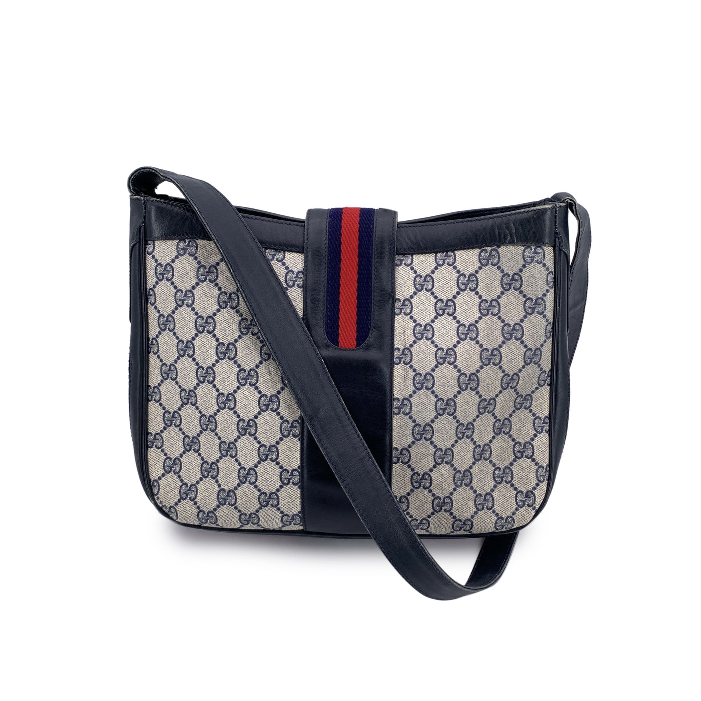 Gucci Vintage Navy Blue Monogram Canvas Shoulder Bag Tote