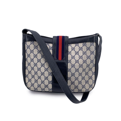 Gucci Vintage Navy Blue Monogram Canvas Shoulder Bag Tote
